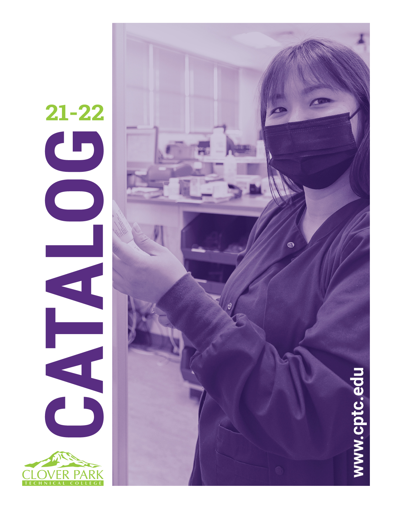 Clover Park Technical College Academic Catalog with smiling Pharmacy Technician program student wearing a face mask and gloves in the pharmacy lab